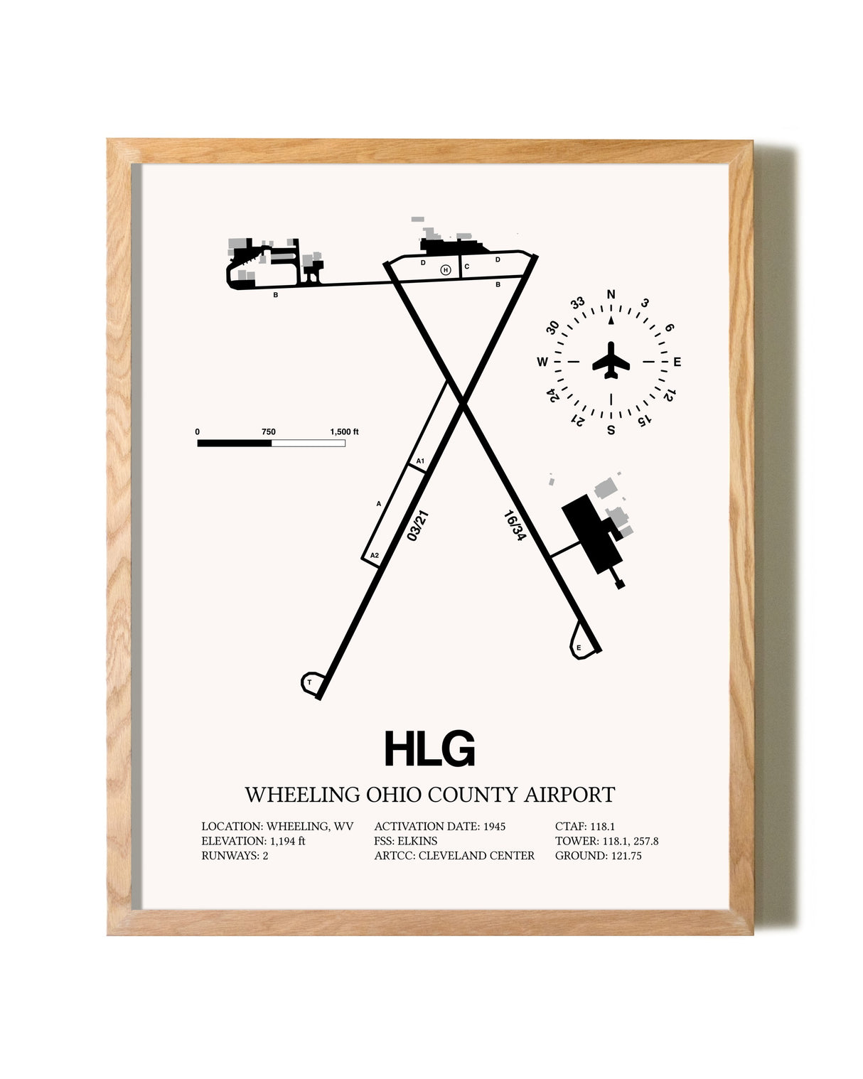 Wheeling Ohio County Airport framed print in natural wood frame