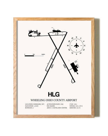 Wheeling Ohio County Airport framed print in natural wood frame