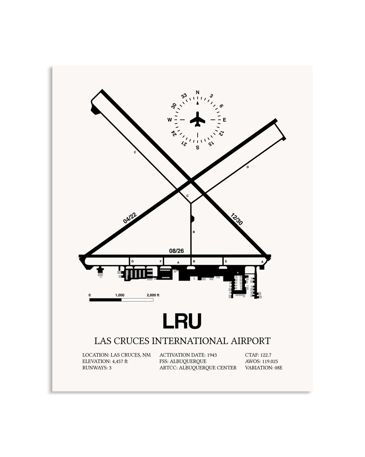 Gray Las Cruces International Airport framed poster displayed in an airplane hangar
