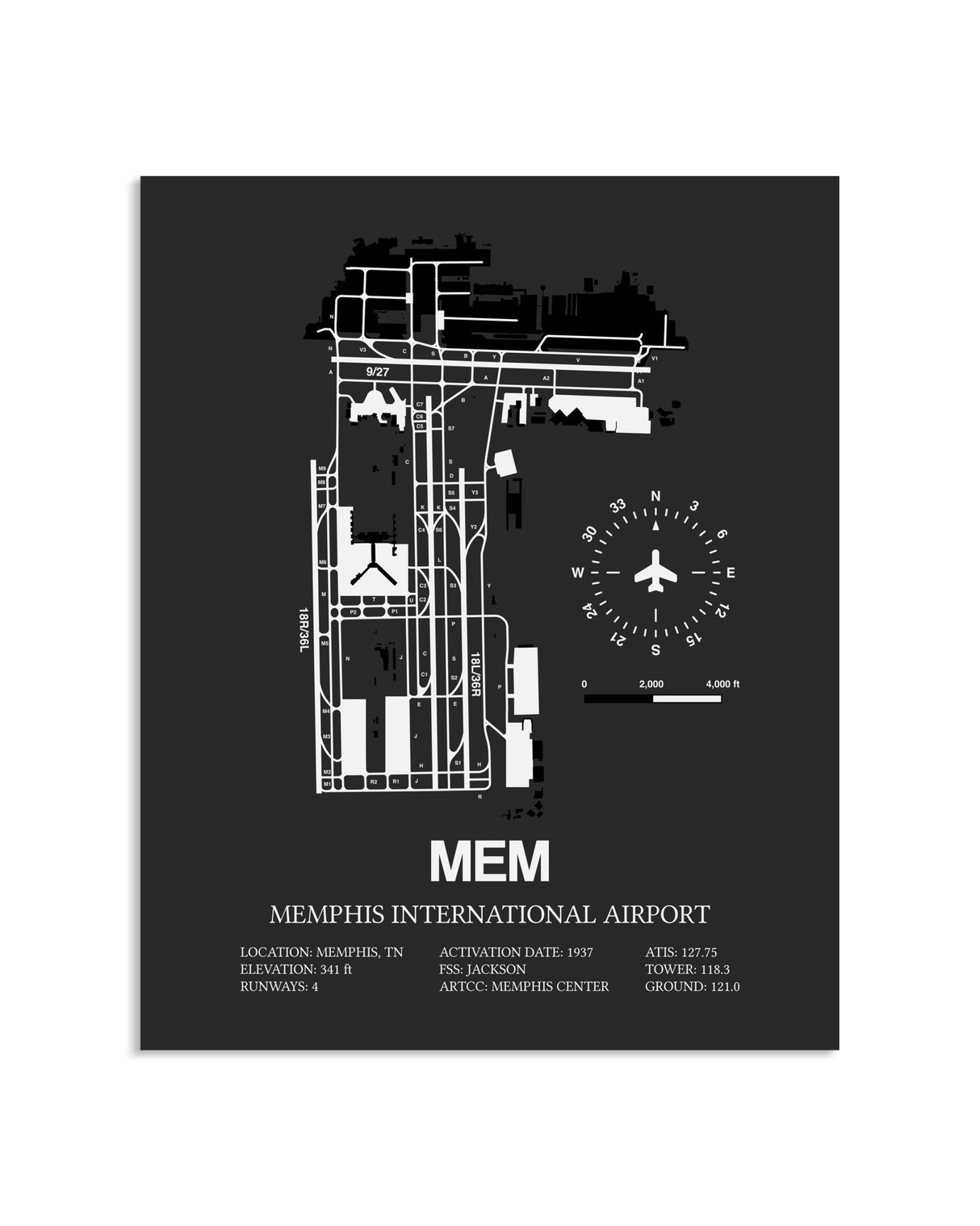 Gray Framed Memphis International Airport layout wall art poster