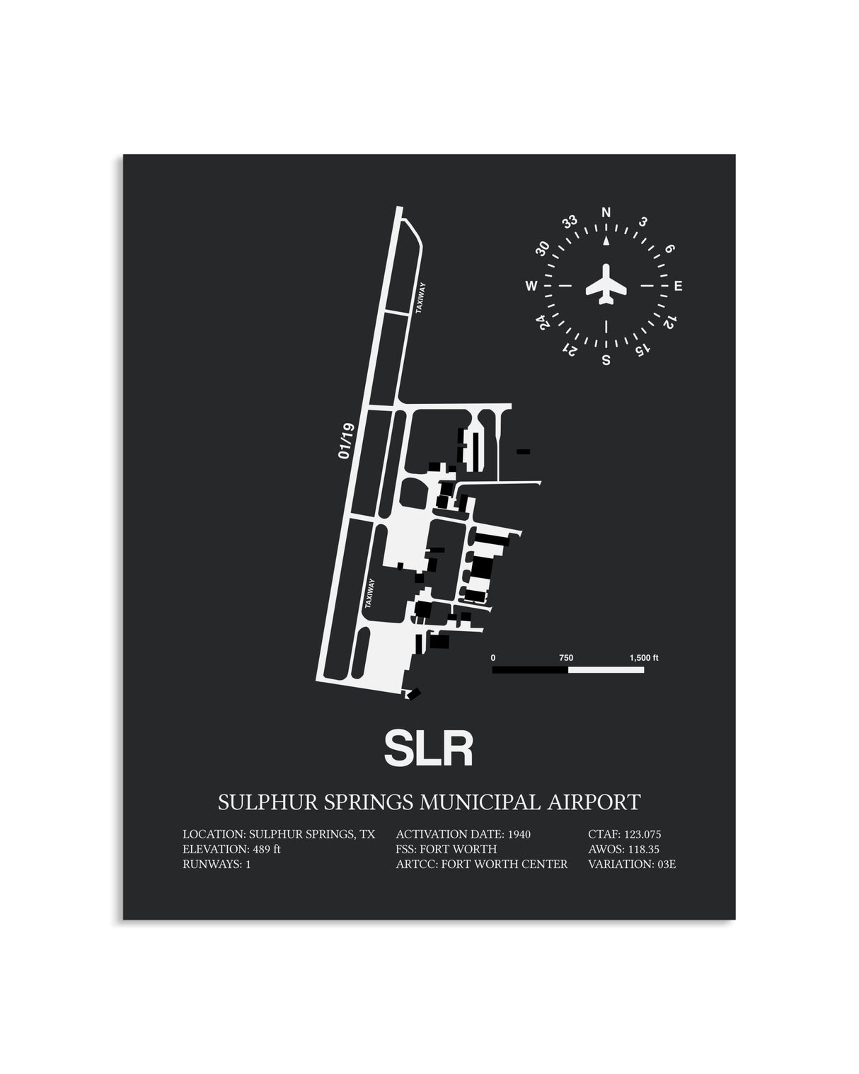 Gray Framed Sulphur Springs Municipal Airport layout wall art poster