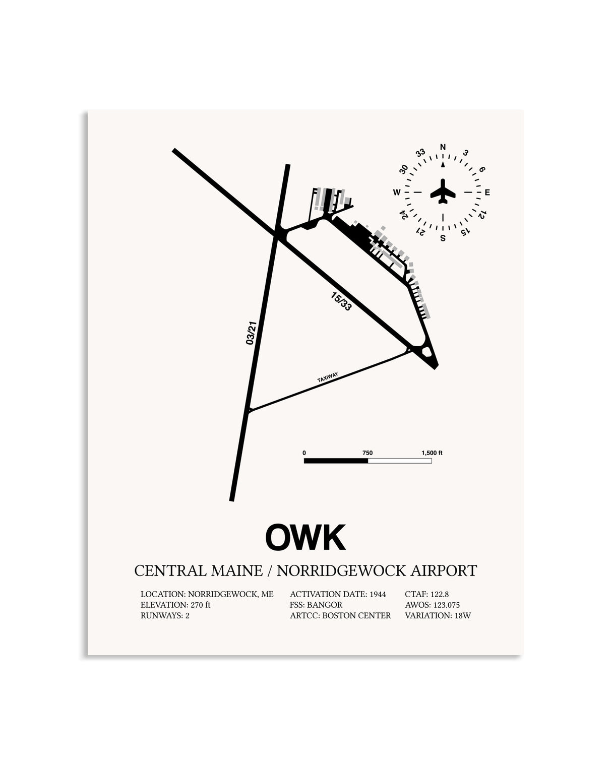 Gray Central Maine / Norridgewock Airport framed poster displayed in an airplane hangar