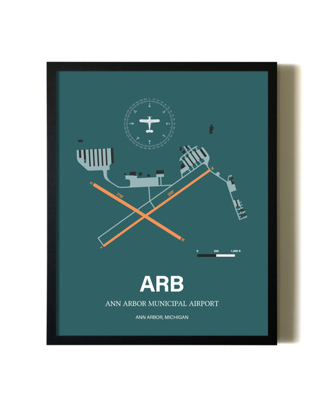 Green Ann Arbor Municipal Airport aviation wall décor in black wood frame