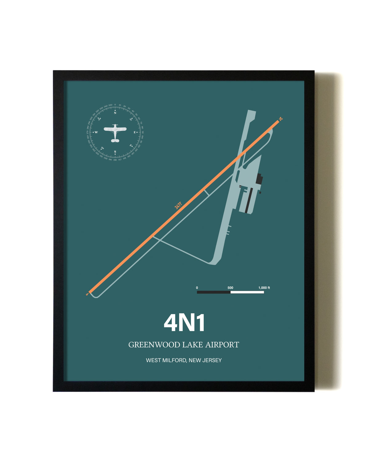 Framed Greenwood Lake Airport wall art poster in black frame