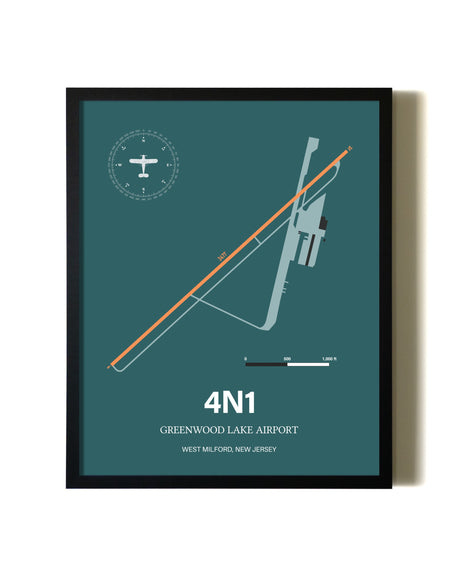 Framed Greenwood Lake Airport wall art poster in black frame