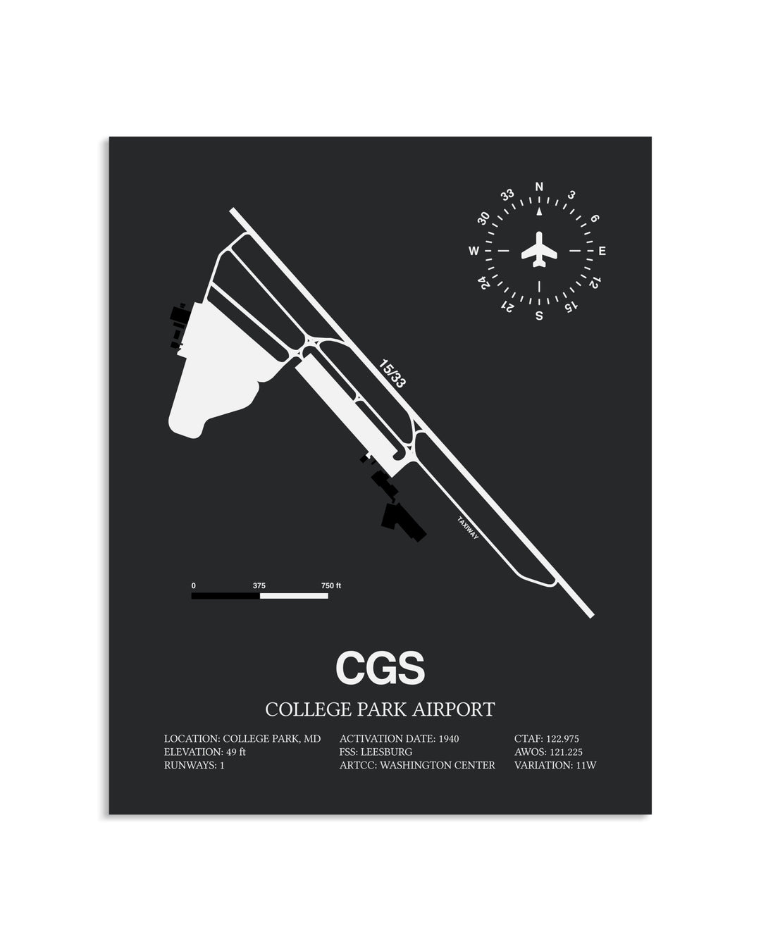 Gray Framed College Park Airport layout wall art poster