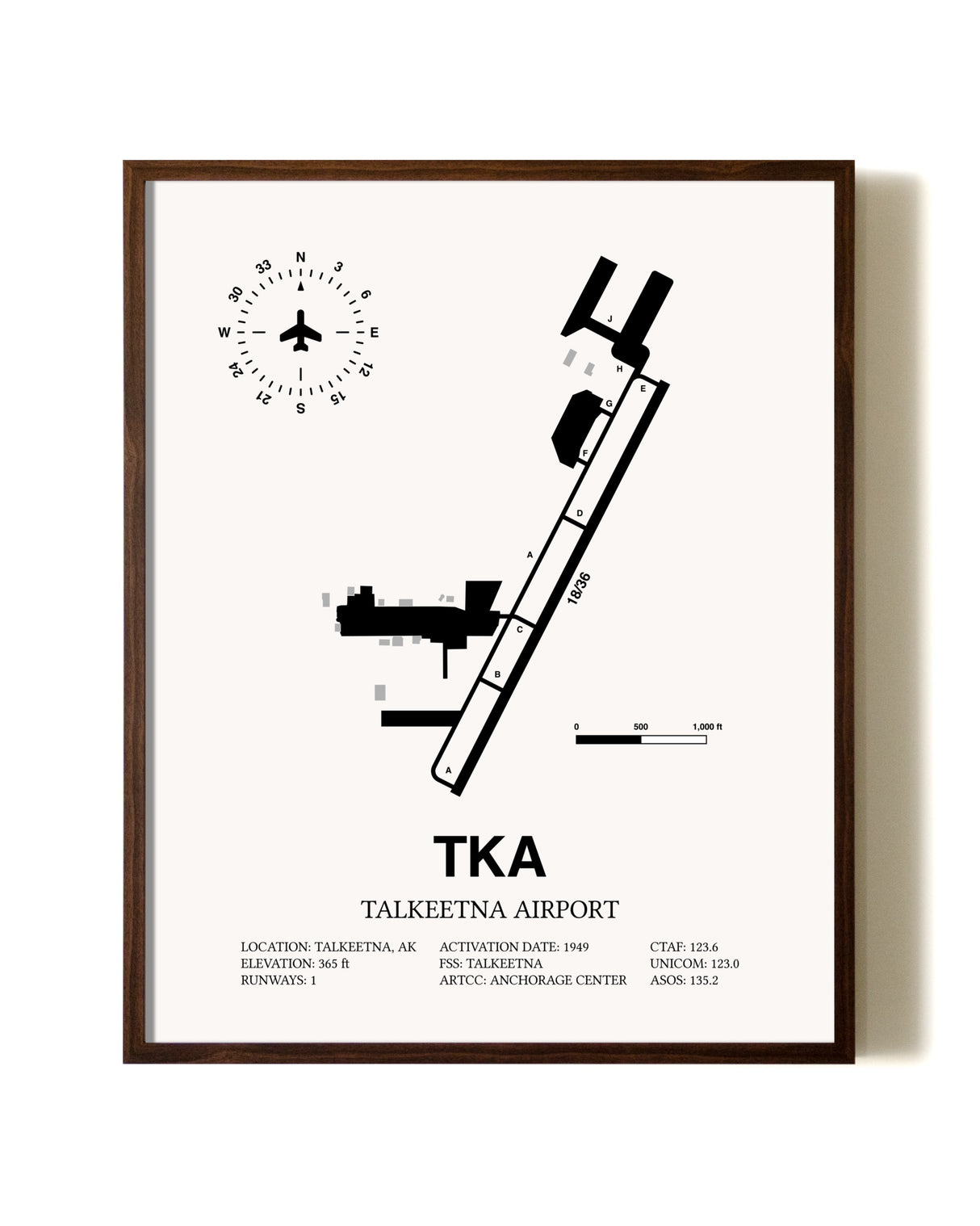 Talkeetna Airport aviation print in walnut frame