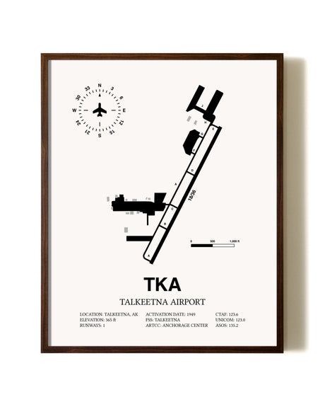 Talkeetna Airport aviation print in walnut frame