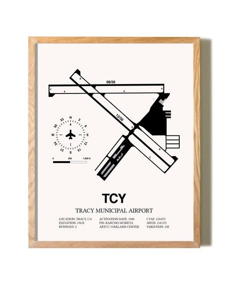 Tracy Municipal Airport framed print in natural wood frame