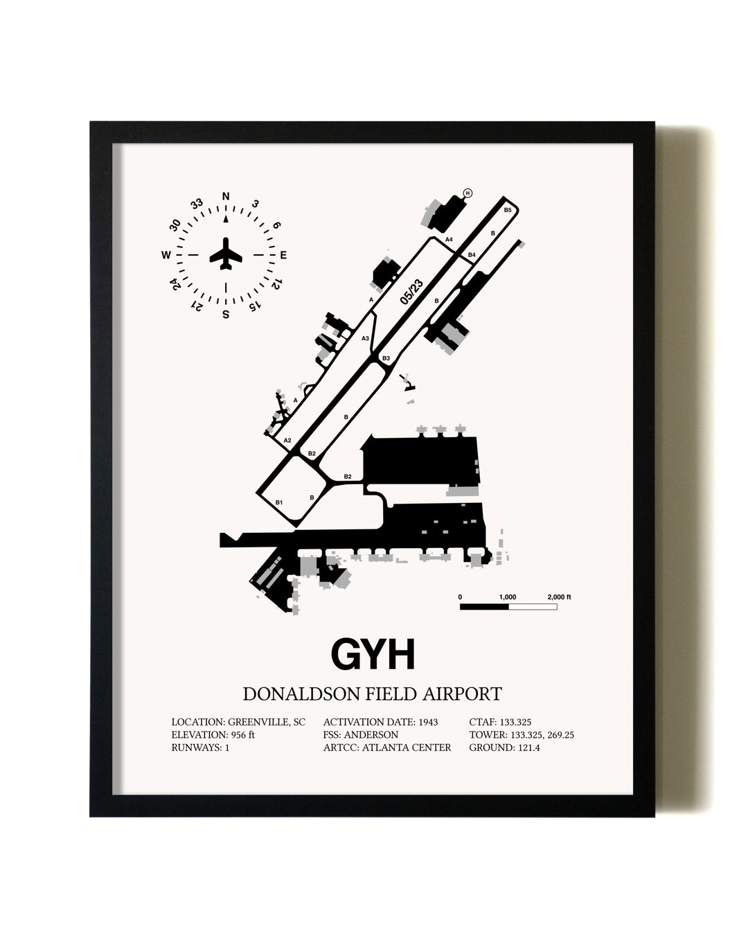 Framed Donaldson Field Airport wall art poster in black frame