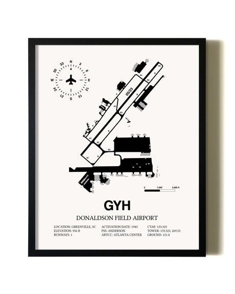 Framed Donaldson Field Airport wall art poster in black frame