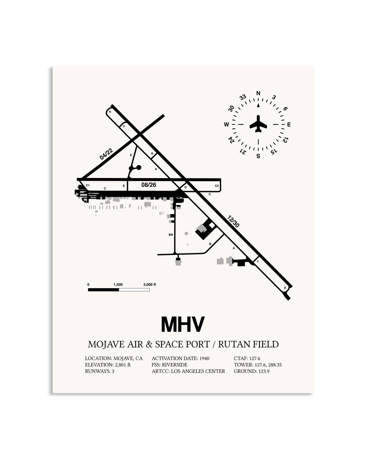 Gray Mojave Air & Space Port / Rutan Field framed poster displayed in an airplane hangar
