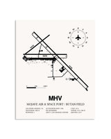 Gray Mojave Air & Space Port / Rutan Field framed poster displayed in an airplane hangar
