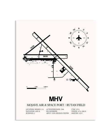 Gray Mojave Air & Space Port / Rutan Field framed poster displayed in an airplane hangar