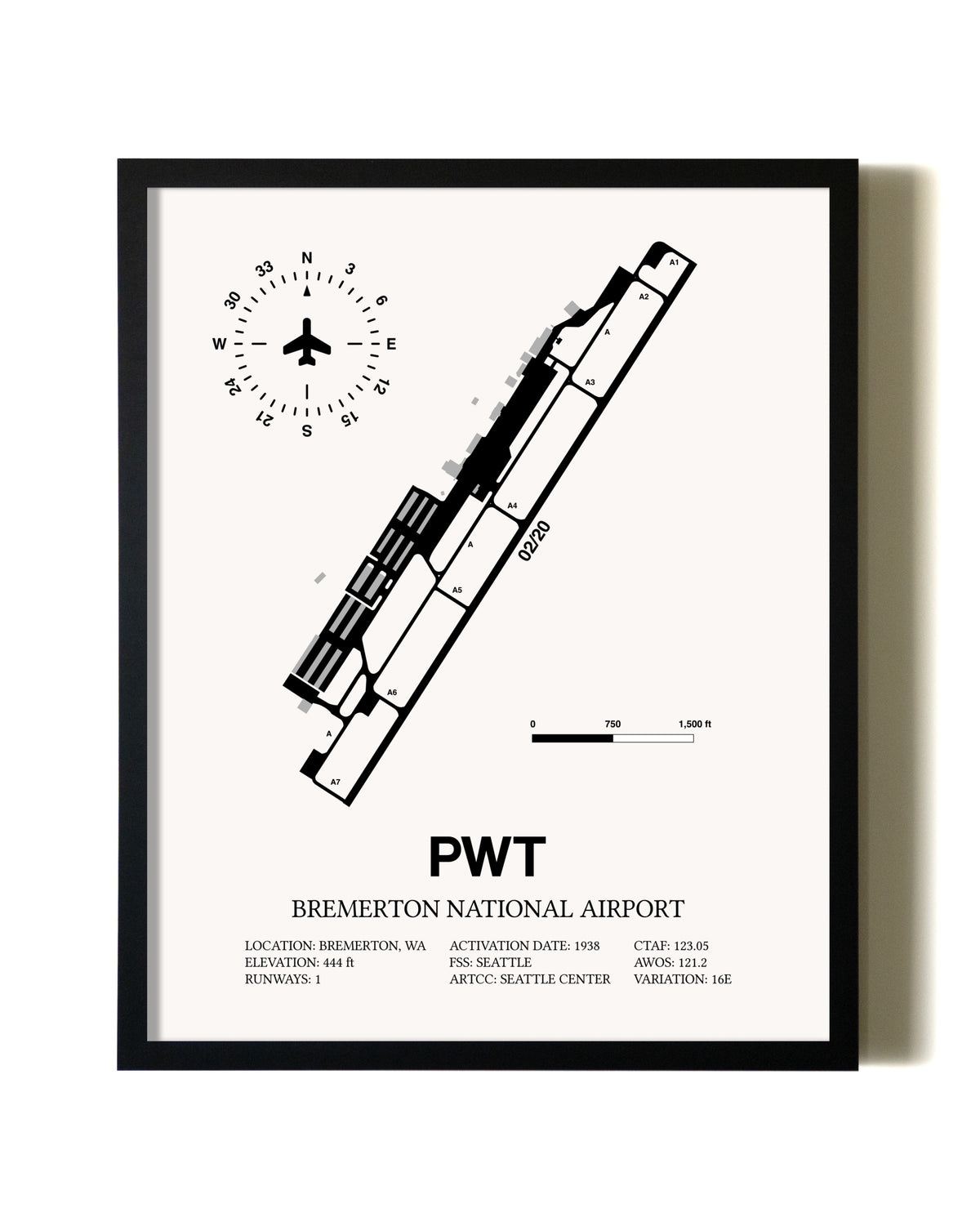 Framed Bremerton National Airport wall art poster in black frame
