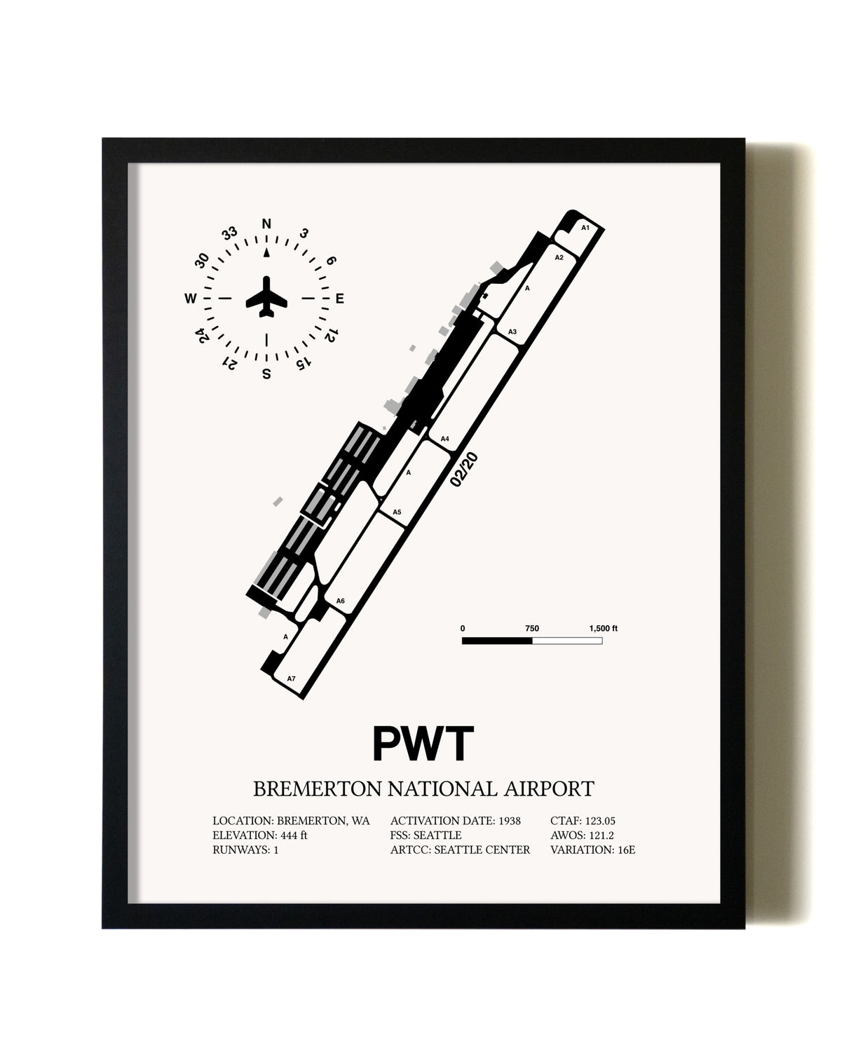 Framed Bremerton National Airport wall art poster in black frame