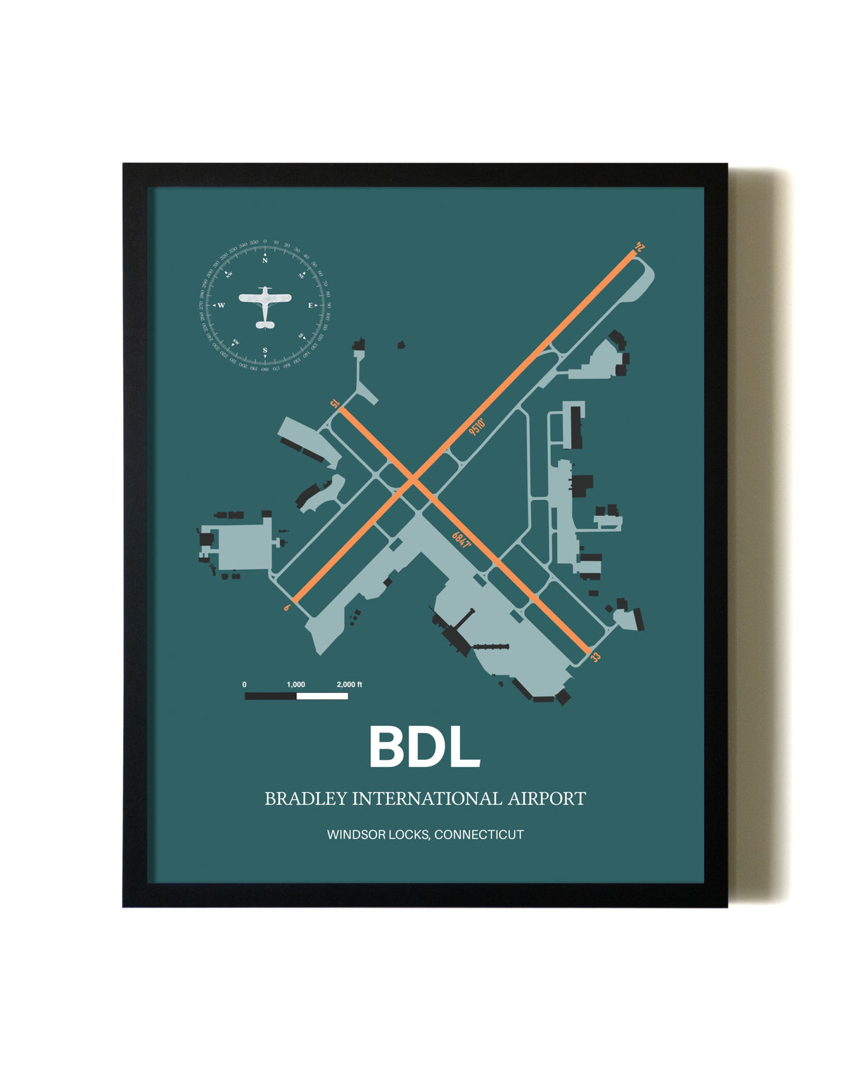 Green Bradley International Airport aviation wall décor in black wood frame