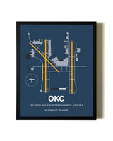 Blue and Yellow Framed OKC Will Rogers International Airport wall art poster in black frame