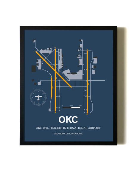 Blue and Yellow Framed OKC Will Rogers International Airport wall art poster in black frame