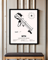 Martin State Airport framed poster displayed in an airplane hangar