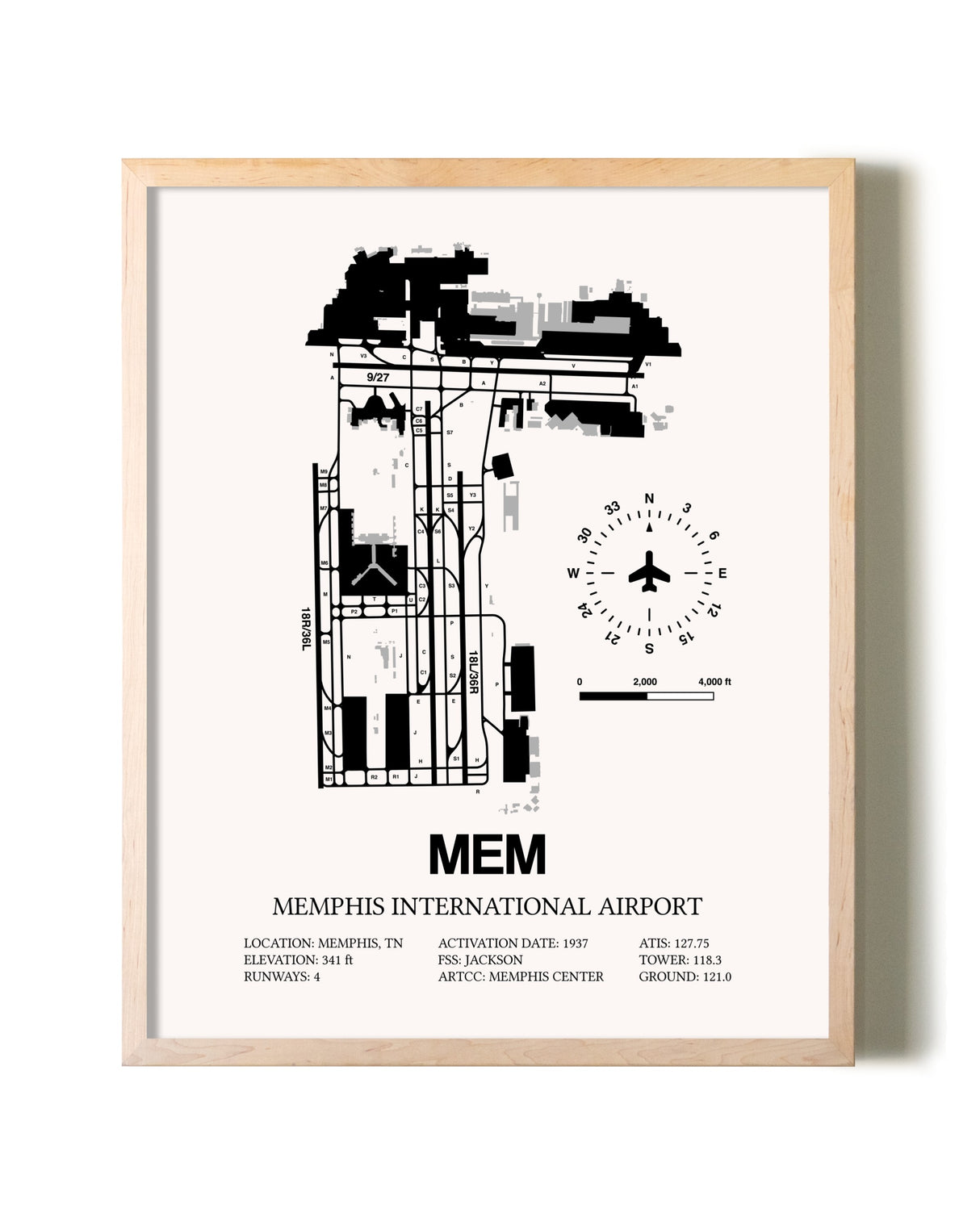 Memphis International Airport framed wall art in white frame