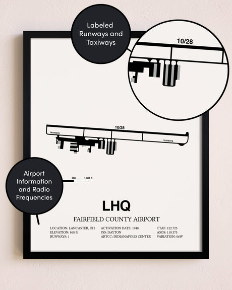 Framed Fairfield County Airport layout wall art poster
