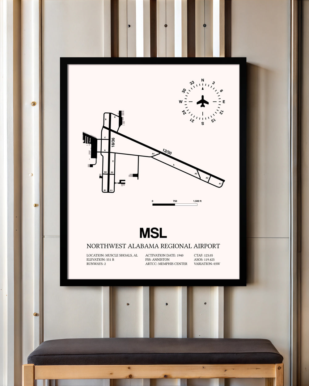 Northwest Alabama Regional Airport framed poster displayed in an airplane hangar