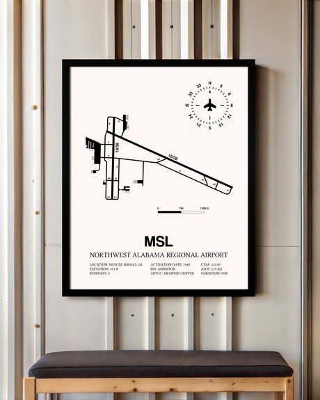 Northwest Alabama Regional Airport framed poster displayed in an airplane hangar