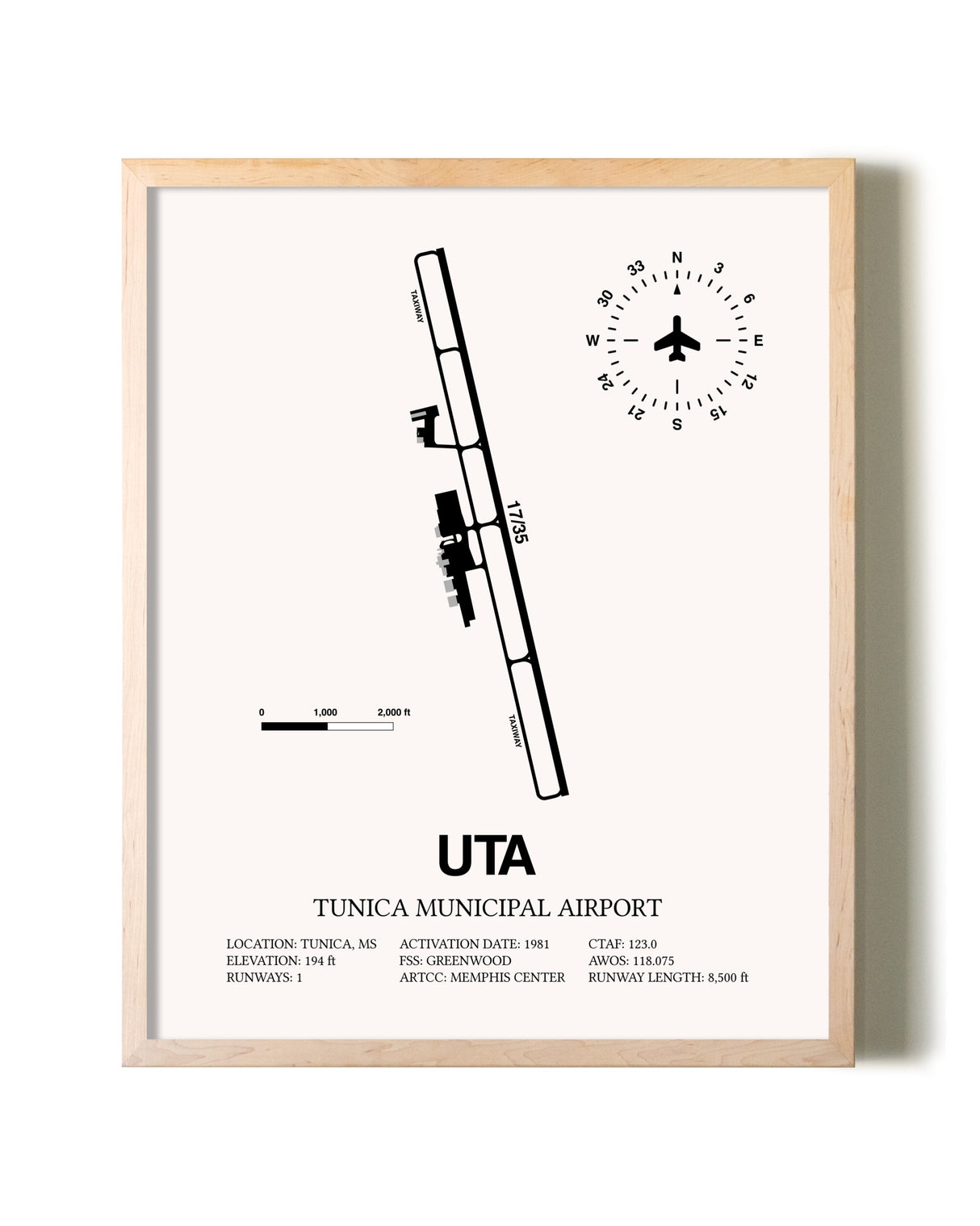 Tunica Municipal Airport framed wall art in white frame