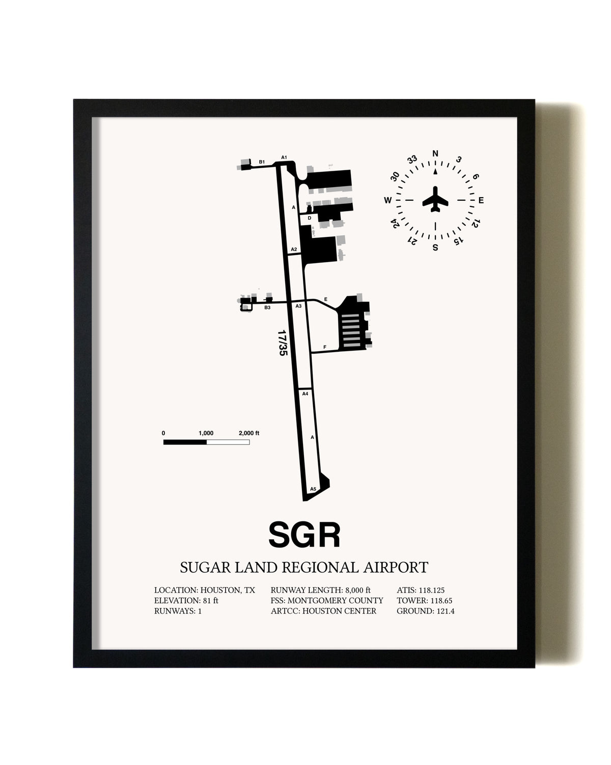 Framed Sugar Land Regional Airport wall art poster in black frame