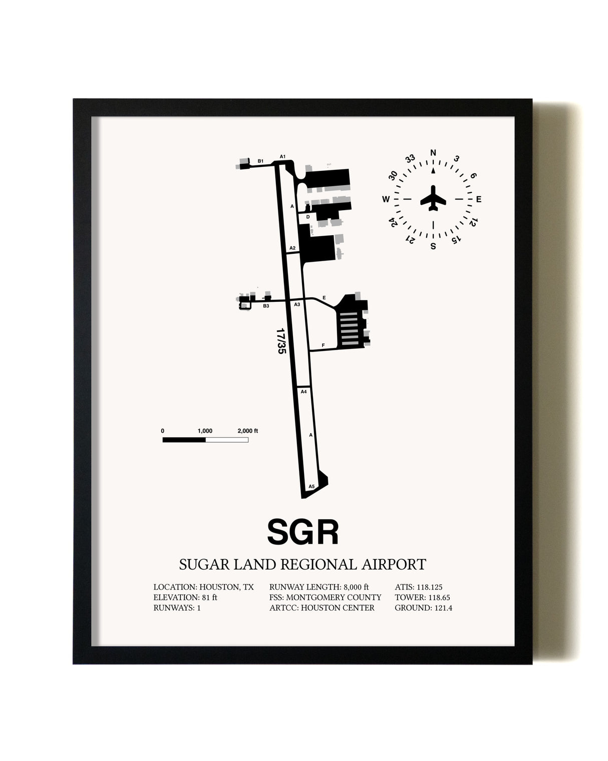 Framed Sugar Land Regional Airport wall art poster in black frame