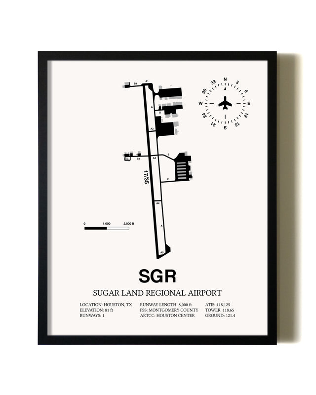 Framed Sugar Land Regional Airport wall art poster in black frame
