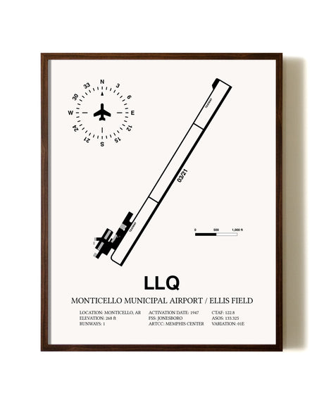 Monticello Municipal Airport / Ellis Field aviation print in walnut frame