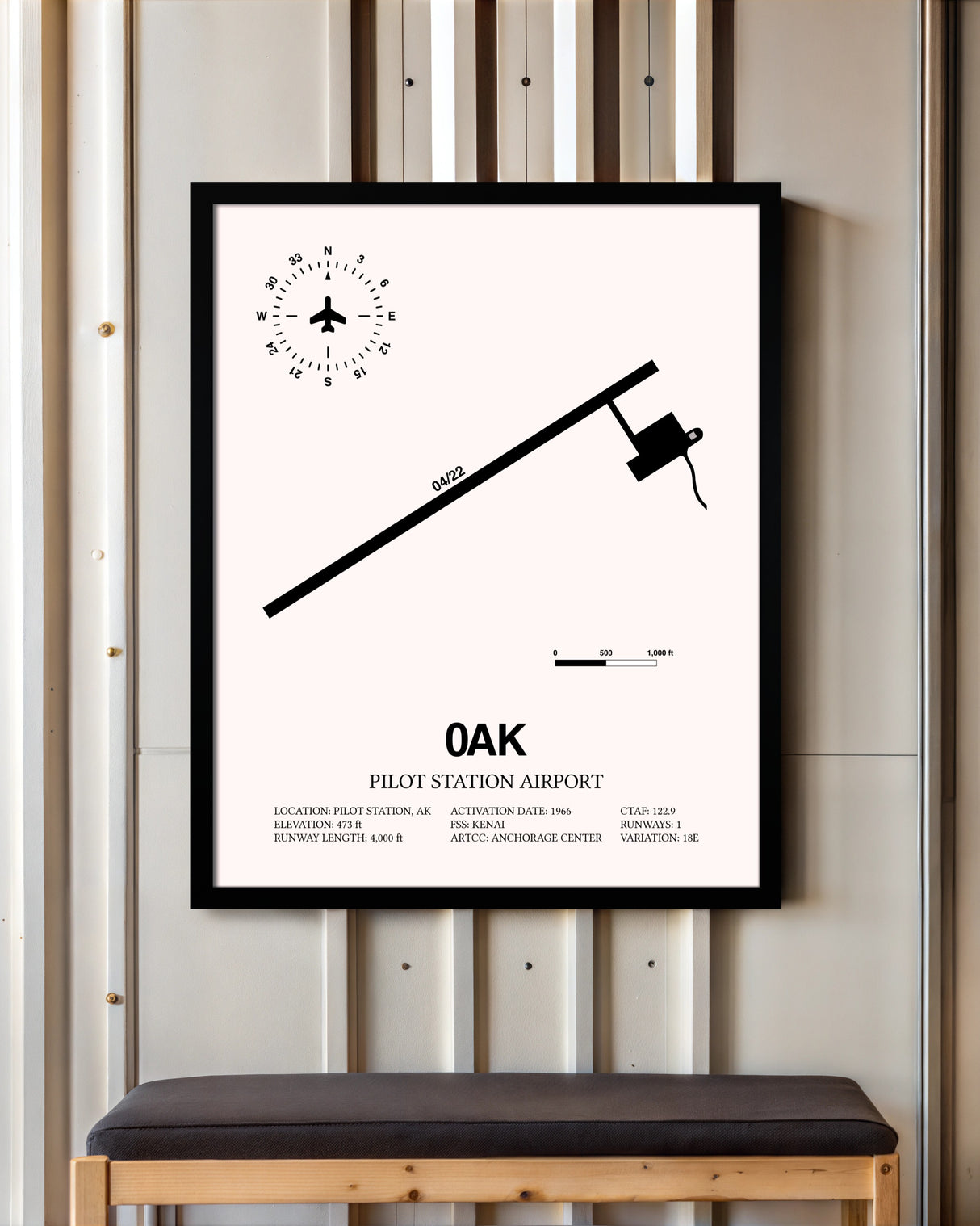 Pilot Station Airport framed poster displayed in an airplane hangar