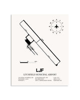 Gray Litchfield Municipal Airport framed poster displayed in an airplane hangar