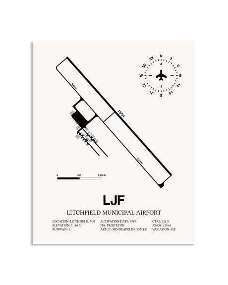 Gray Litchfield Municipal Airport framed poster displayed in an airplane hangar
