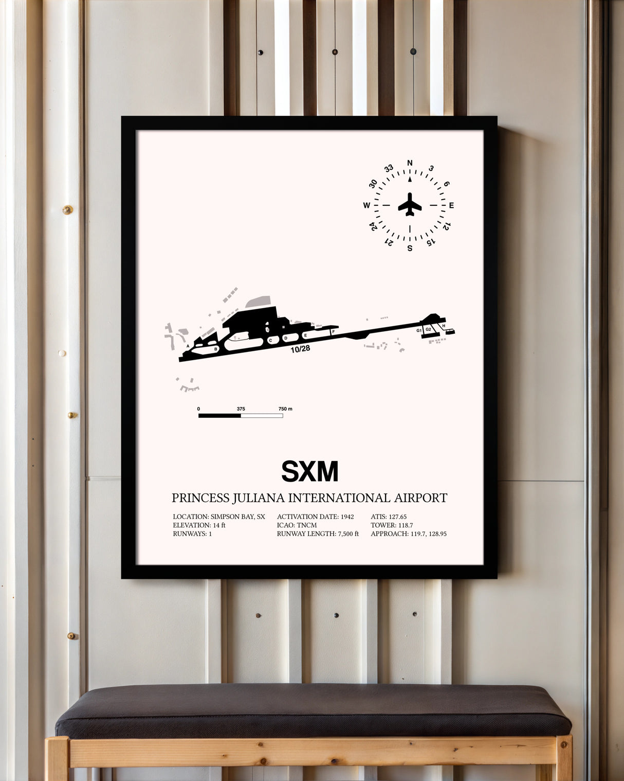 Princess Juliana International Airport framed poster displayed in an airplane hangar