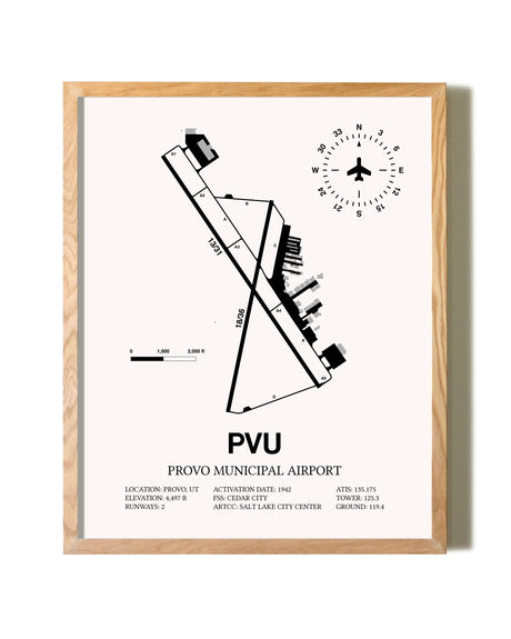 Provo Municipal Airport framed print in natural wood frame
