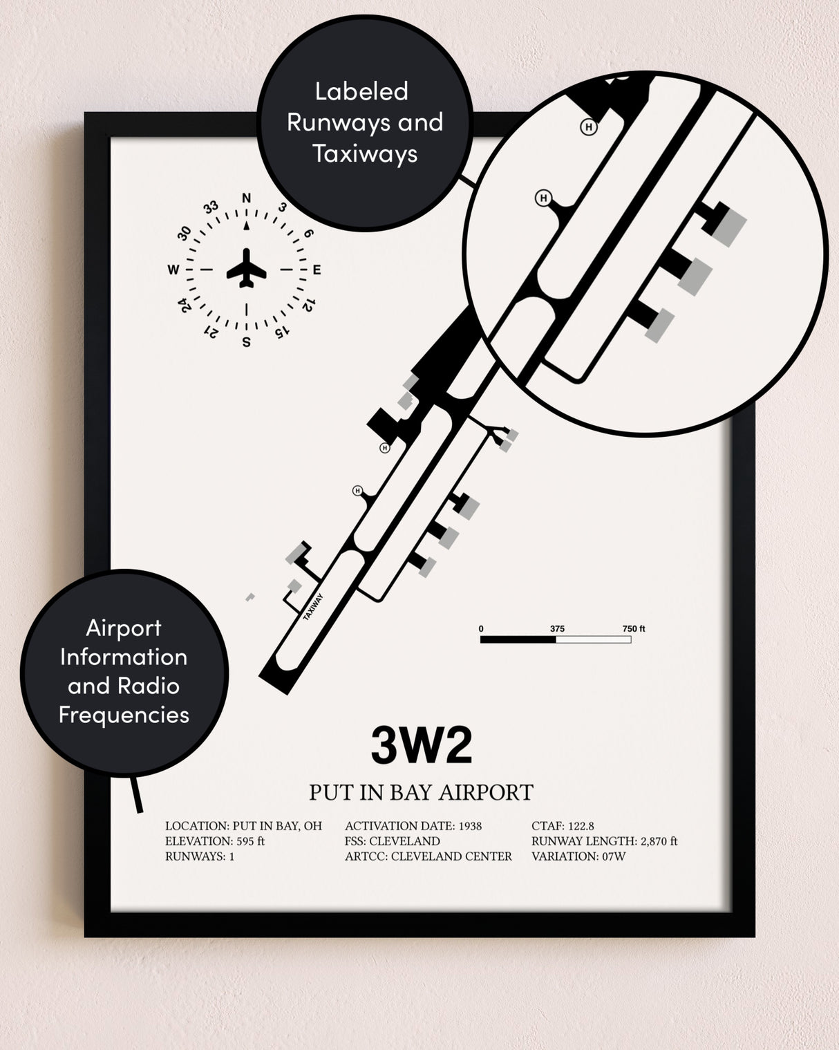 Framed Put in Bay Airport layout wall art poster