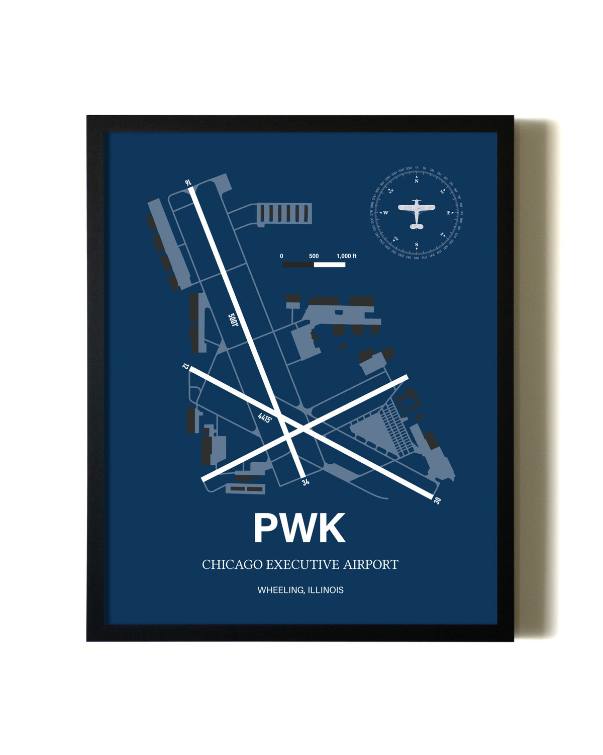 Aviation Blue Framed Chicago Executive Airport layout wall art poster