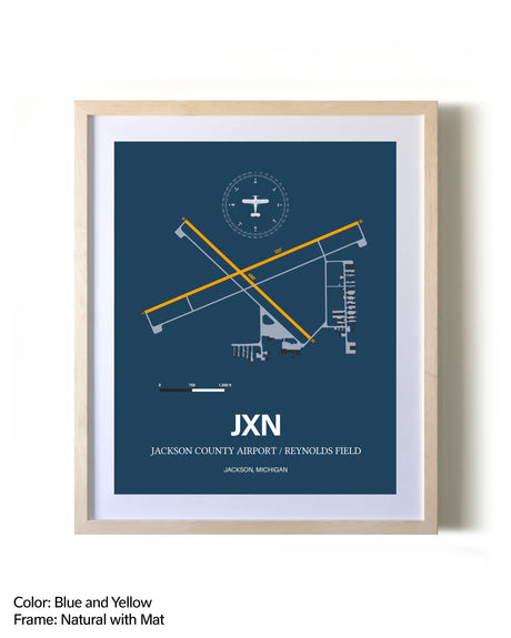Jackson County Airport/Reynolds Field framed print in natural wood frame with mat