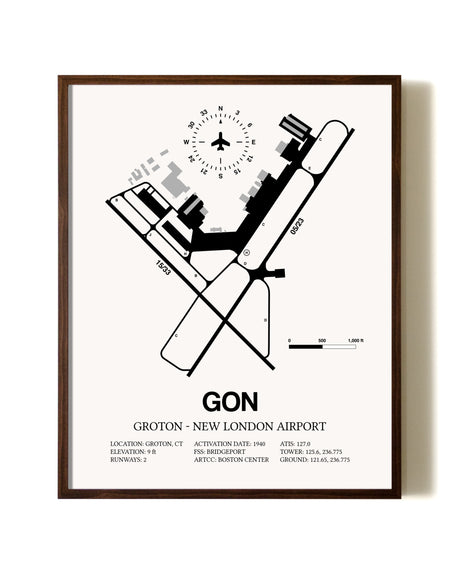 Groton-New London Airport aviation print in walnut frame