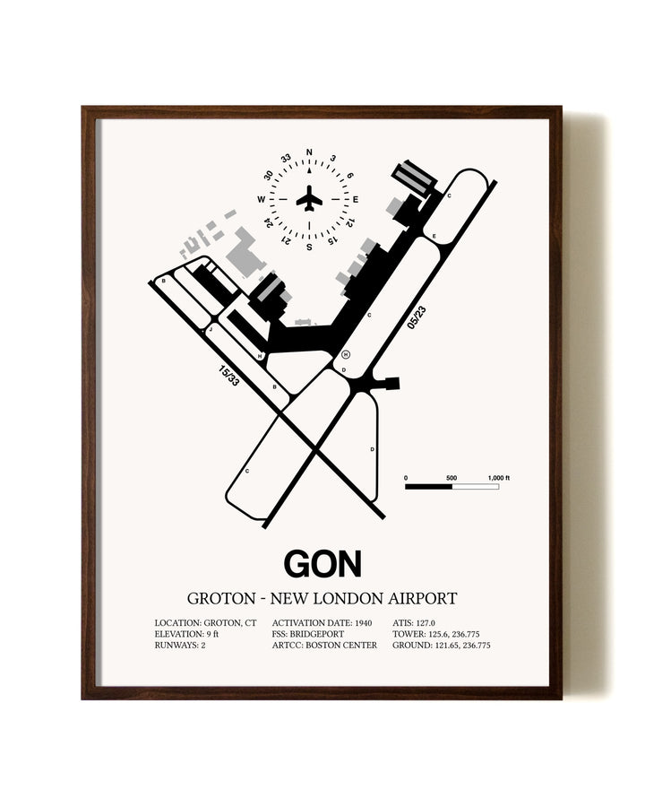 Groton-New London Airport aviation print in walnut frame