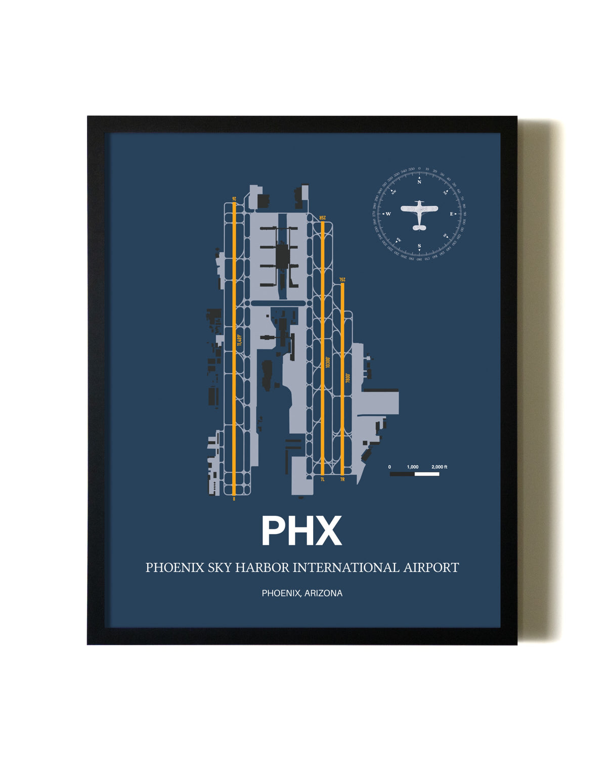 Blue and Yellow Framed Phoenix Sky Harbor International Airport wall art poster in black frame