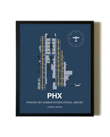 Blue and Yellow Framed Phoenix Sky Harbor International Airport wall art poster in black frame