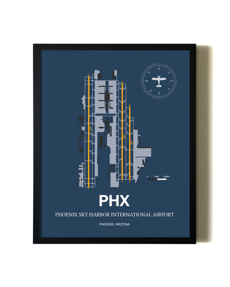 Blue and Yellow Framed Phoenix Sky Harbor International Airport wall art poster in black frame