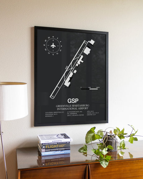 Gray Framed Greenville Spartanburg International Airport wall art poster in black frame