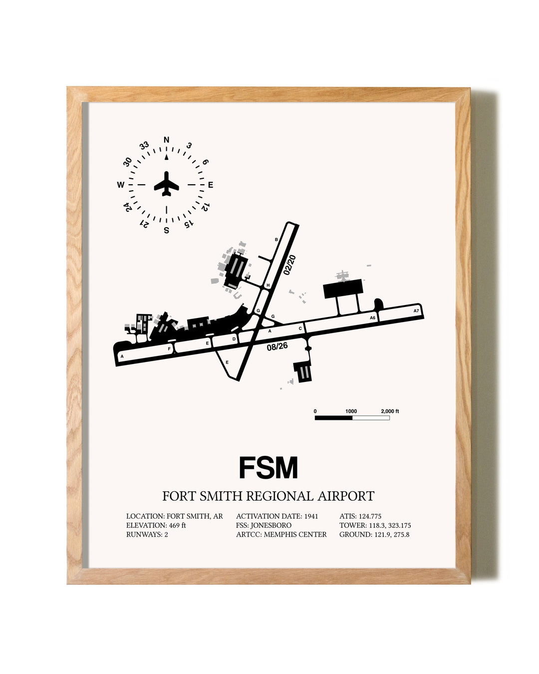 Fort Smith Regional Airport framed print in natural wood frame