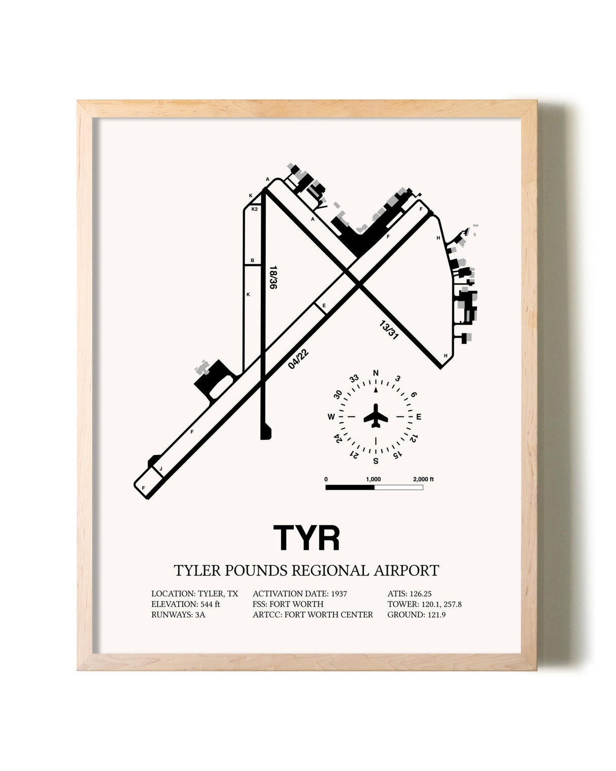 Tyler Pounds Regional Airport framed wall art in white frame