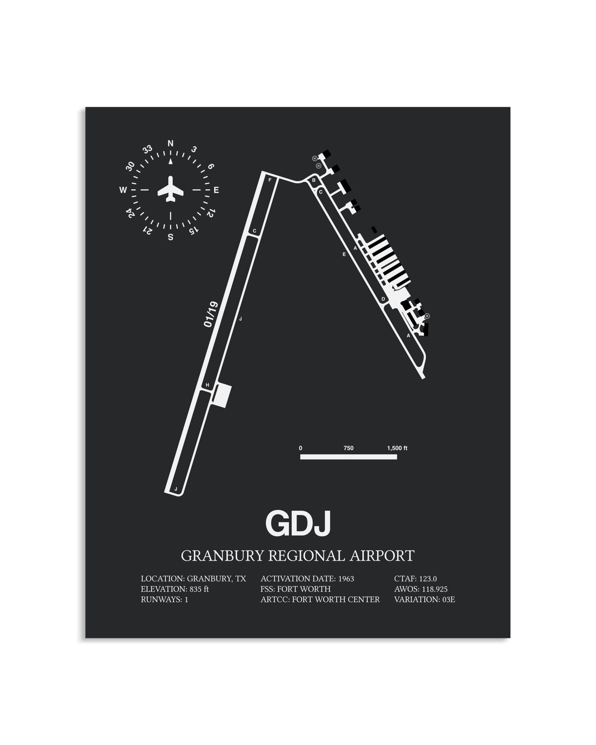 Gray Framed Granbury Regional Airport layout wall art poster